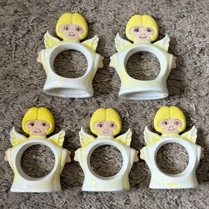 Set of 5 Ceramic Yellow Angel Napkin Rings Vintage